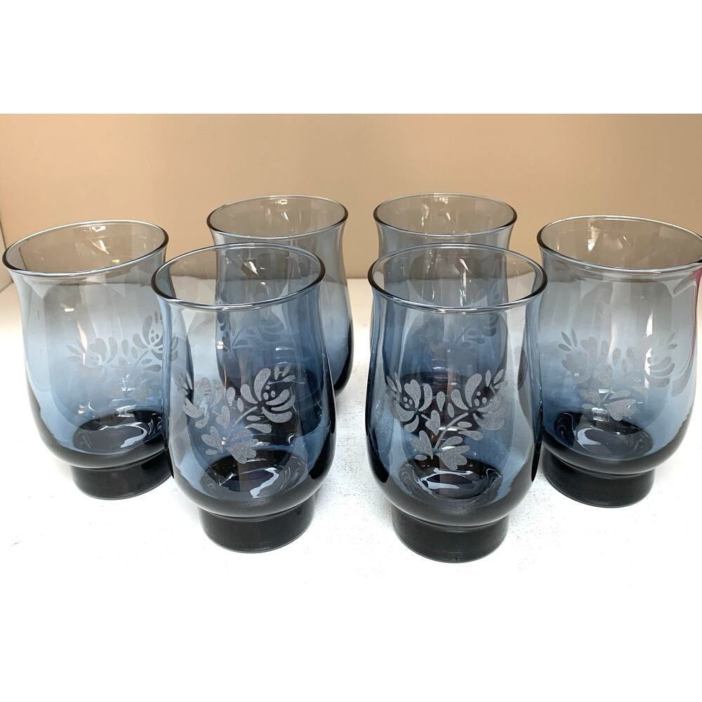 Vintage Pfaltzgraff Yorktowne Set Of 6 12 Oz Glass Glasses Tumblers Blue Etched